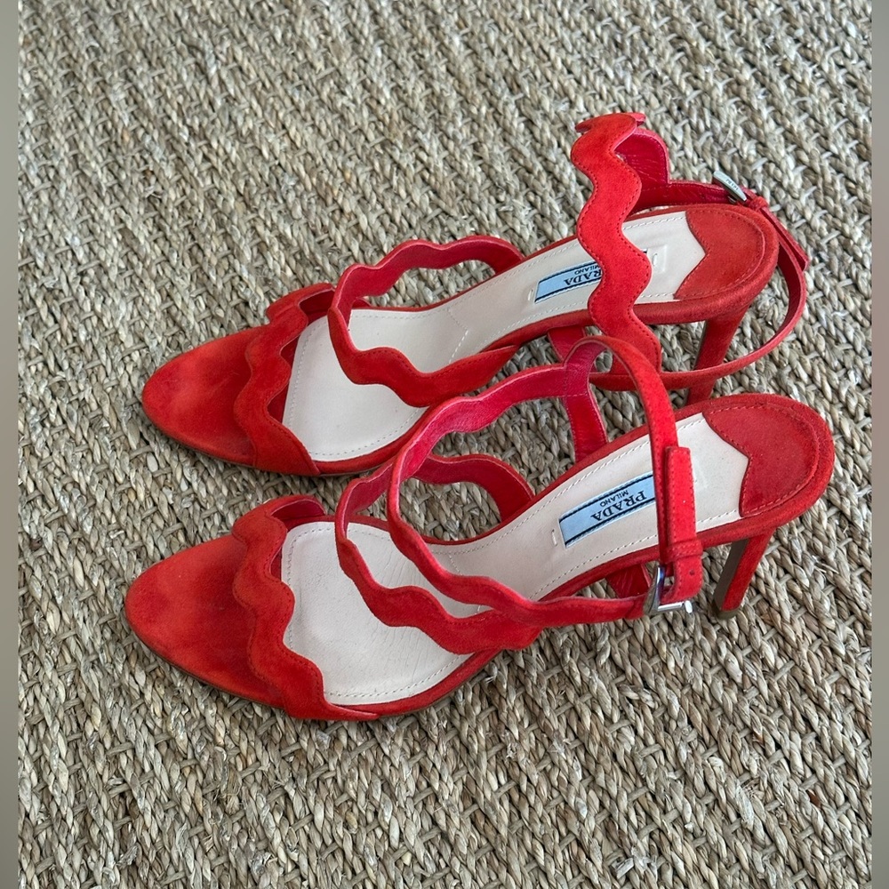 Prada Suede Wavy-Strap Sandal, Red Orange Size 40 - Picture 2 of 6